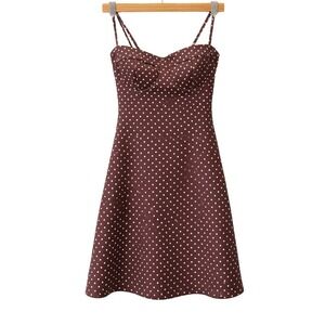 Y2K Brown Polka Dot Babydoll Mini Dress Women XS Spaghetti Strap Retro Pinup